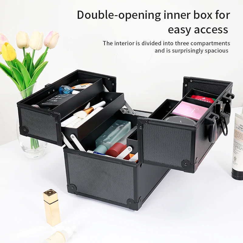 Makeup Case Train Case, Extra Large Makeup Box, 4-Tier Trays Travel Cosmetic Organizer, Lockable With Keys