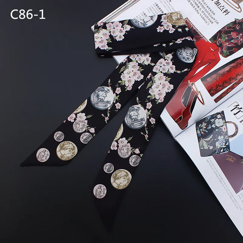 2024 New Design Coin Floral Print Silk Scarf Women Luxury Brand Scarf Handle Bag Ribbons Fashion Head Scarf Small Long Scarves