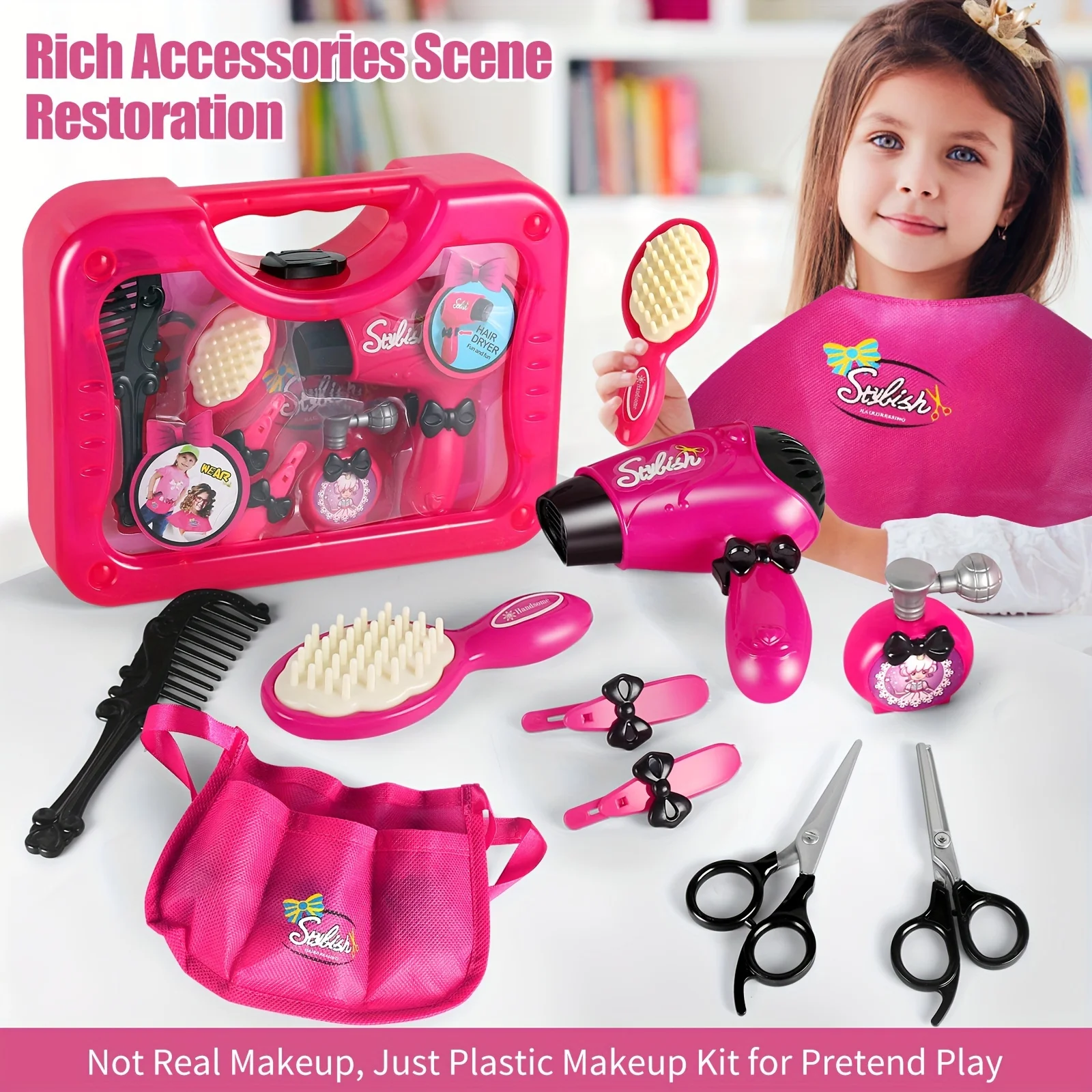 Pretend Play Toy Set para Meninas, Salão de beleza, Secador de cabelo, Barbeiro Avental, Styling Acessórios, Perfeito para Brincar Imaginativo