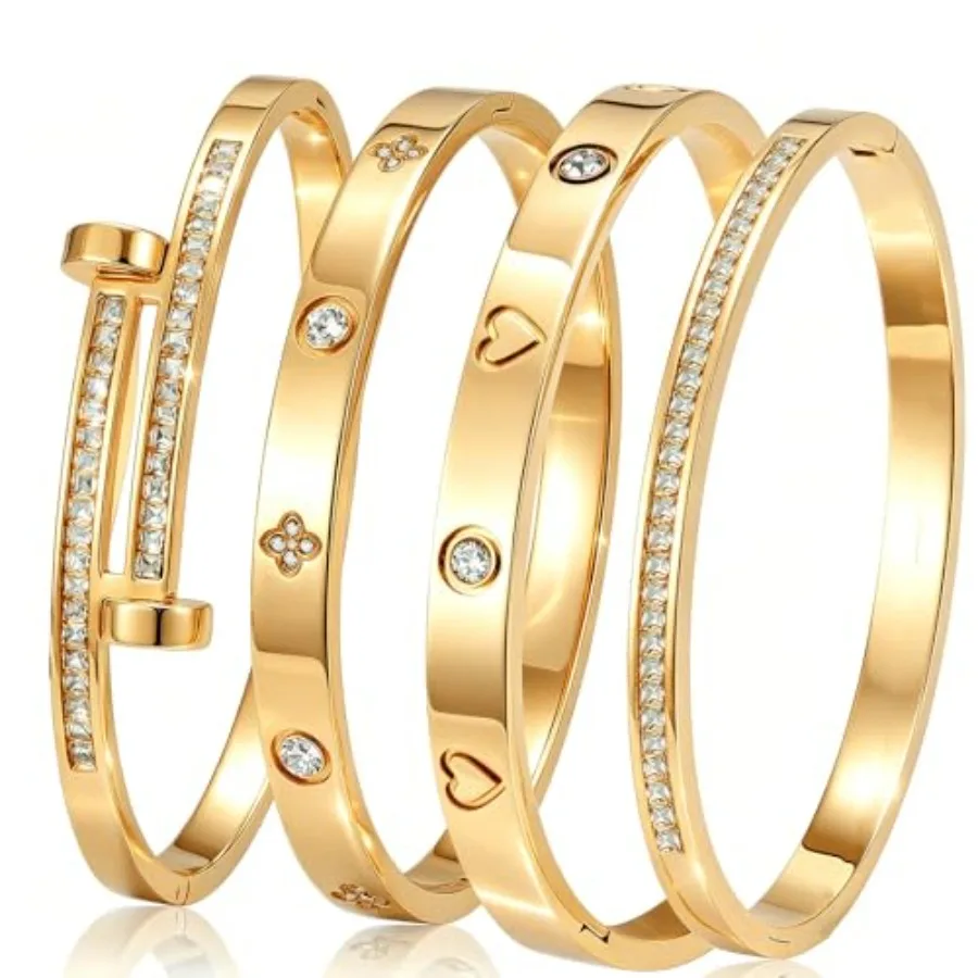 

Camhanno Bangle Bracelets for Women, 18K Plated Stainless Steel Stackable Bangles, Non-Tarnish Trendy Jewelry, Ideal Gift for B