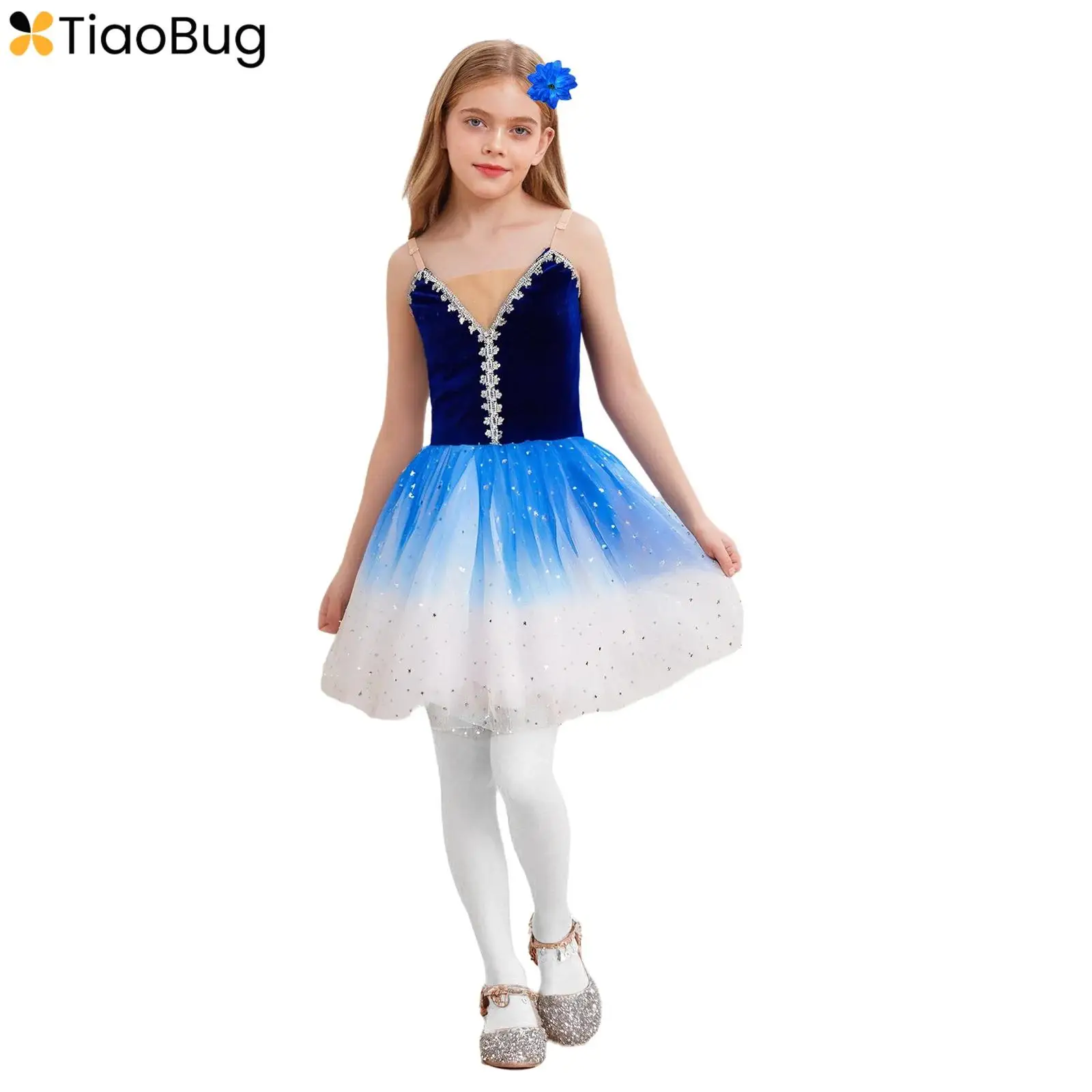 

Kids Girls Ballet Dress Velvet Sleeveless Adjustable Straps Bodice Shiny Sequined Dress+Headwear Stage Dance Performance Costume