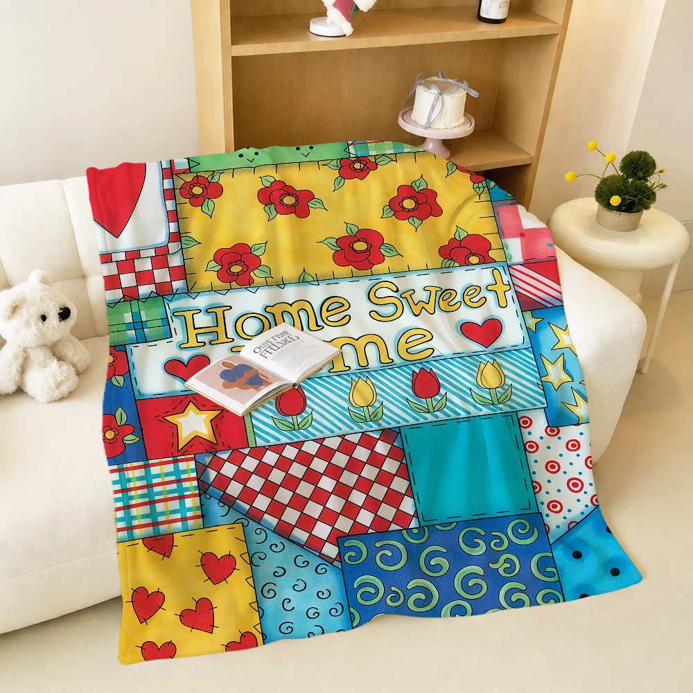 Cute Pattern Patch Plaid Fabric Autumn Warm Soft Plush Blanket For Sofa Living Room Nap Home Bedroom Travel Gift Flannel Hogar