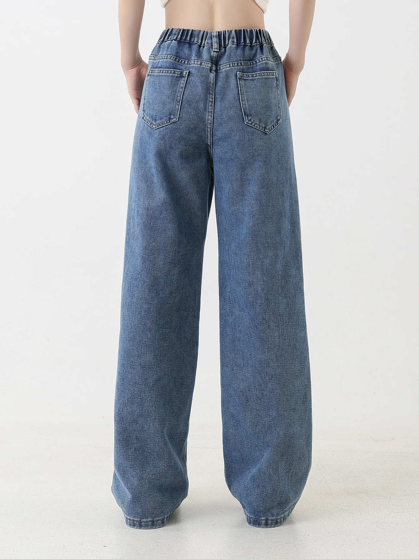 

Vintage-inspired patchwork academic-style loose straight-leg casual long-girls' wide-leg jeans