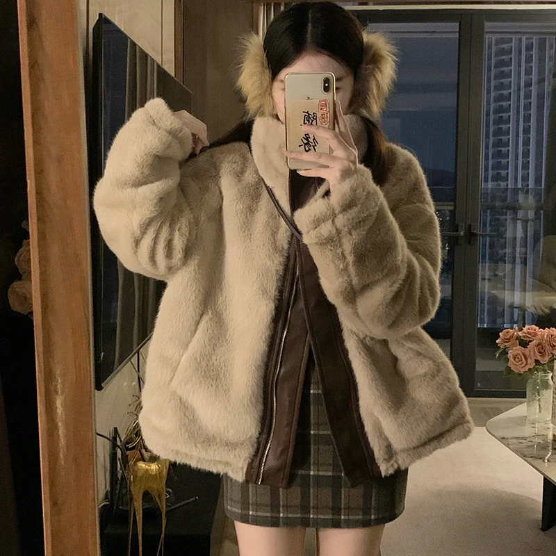 

Winter American Retro Faux Fur Coat Women Padded Hooded Cotton-Padded Jacket Plush Casual Street Harajuku Oversize Coats