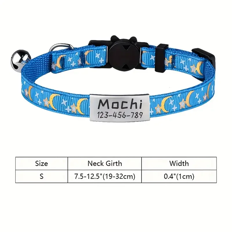 Personzlied Cat Dog Collar Gold Color Stars and Moon Pet Collar with Bell and Engraved Pet Name Tag Reflecting Safety Buckle
