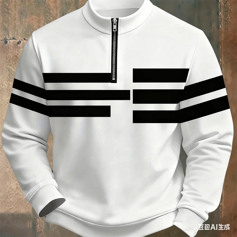 

Black White Stripes Printed Half Zip Long Sleeve Tops Autumn Winter Men's Stand Collar Sweatshirt Casual Fashion Men Clothing