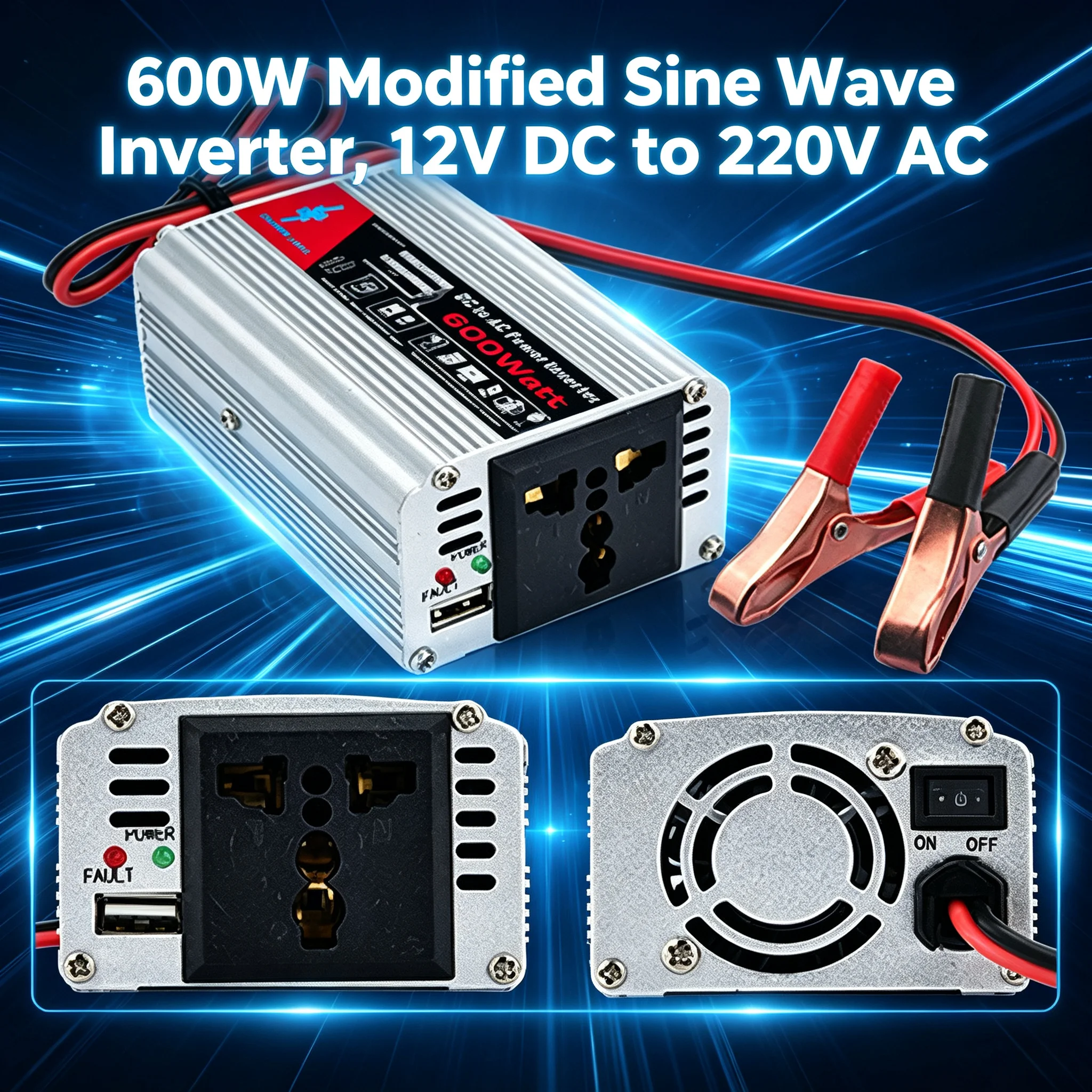 600W Power Inverter (Peak), 600W Power Inverter (Modified Wave), Rated Power 300W Inverter, 12V to 220V, Battery Clamp Conversion Socket, Portable Adapter, Car Charger, Outdoor Products, Suitable for Street Vending, Vehicles, Camping, Office, Road Trips. Fast Charging Car Charger.