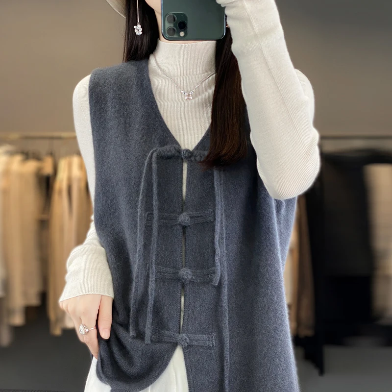 Autumn Winter New Chinese Style Vintage Plate Buckle 100 Pure Wool Vest Cardigan Women V-neck Solid Color Knitted Woolen Sweater