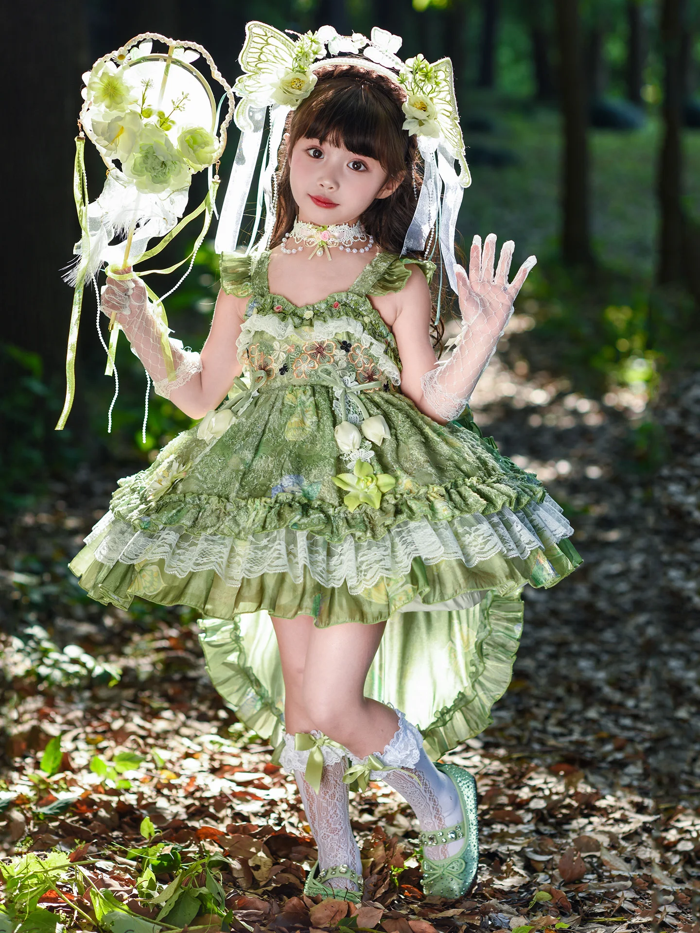 Vestido Verde Estilo Lolita com Renda e Alças, Saia de Princesa para Meninas, Saia de Fada com Flores, Saia de Baile de Cintu...