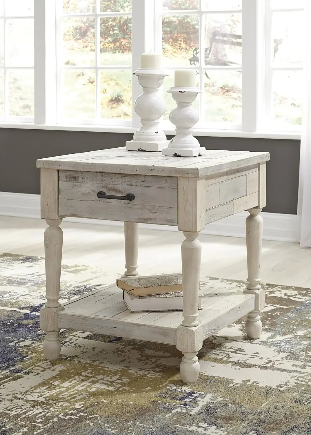 Design by Ashley Shawnalore Farmhouse Solid Pine Wood End Table, Weatherworn White Finish