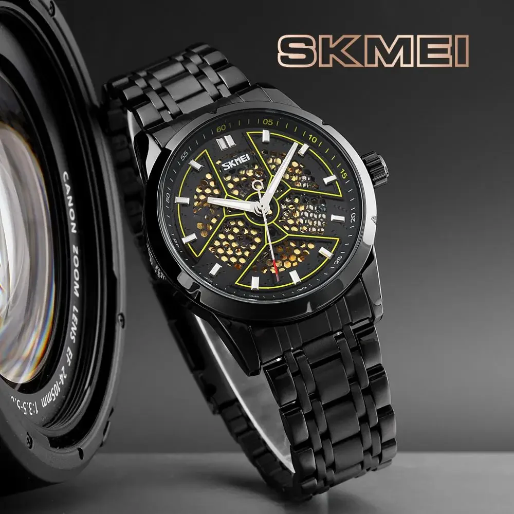 SKMEI Fashion Hollow out Automatic Mechanical Watch Honeycomb Mesh Pointer Men\'s Alloy Business Stainless Steel Watch