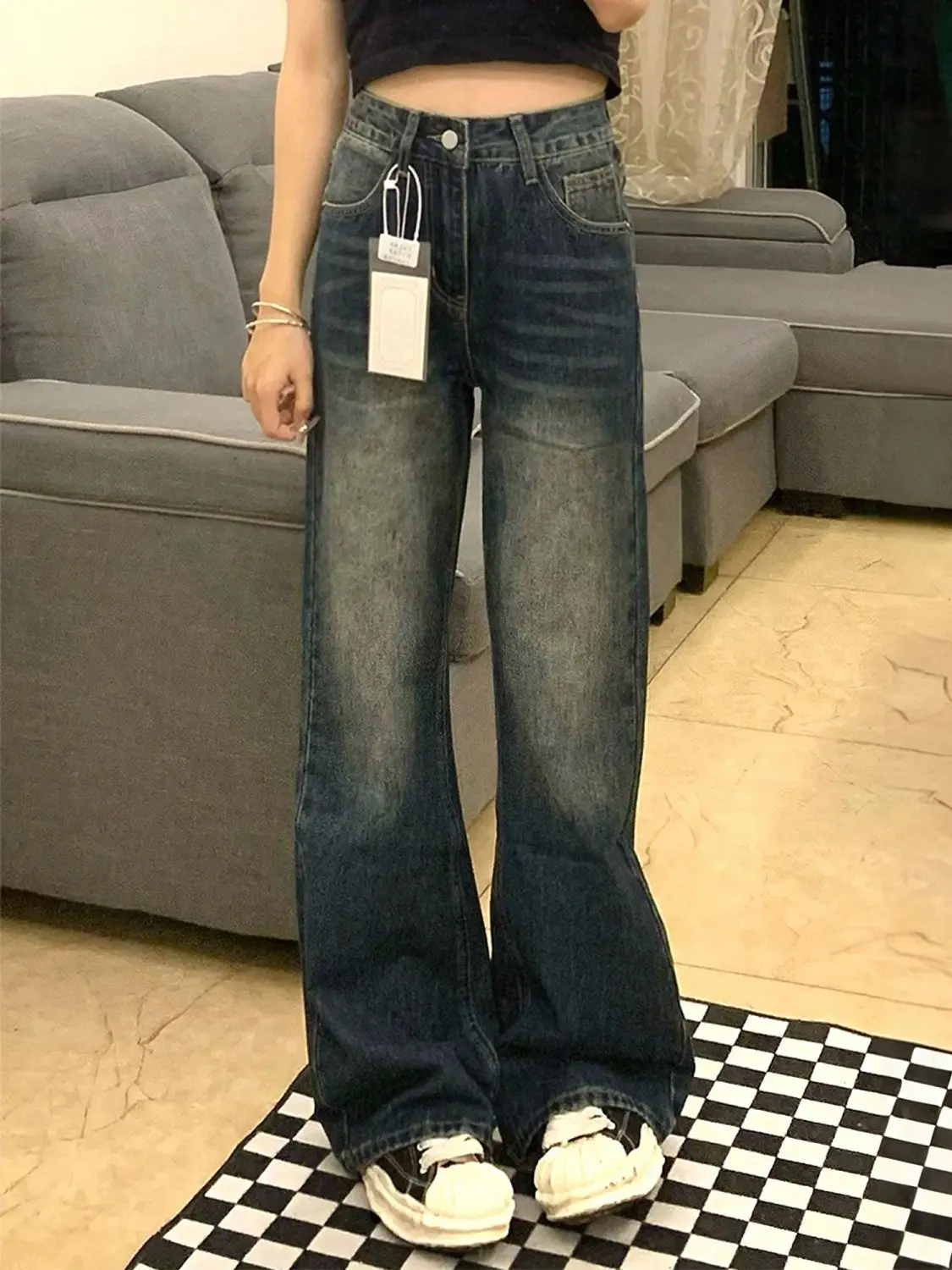 أزياء متوهج الجينز النساء الأمريكية عالية الخصر سليم صالح واسعة الساق Bootcut السراويل فضفاضة غير متشبث بسط تنوعا الدنيم #4