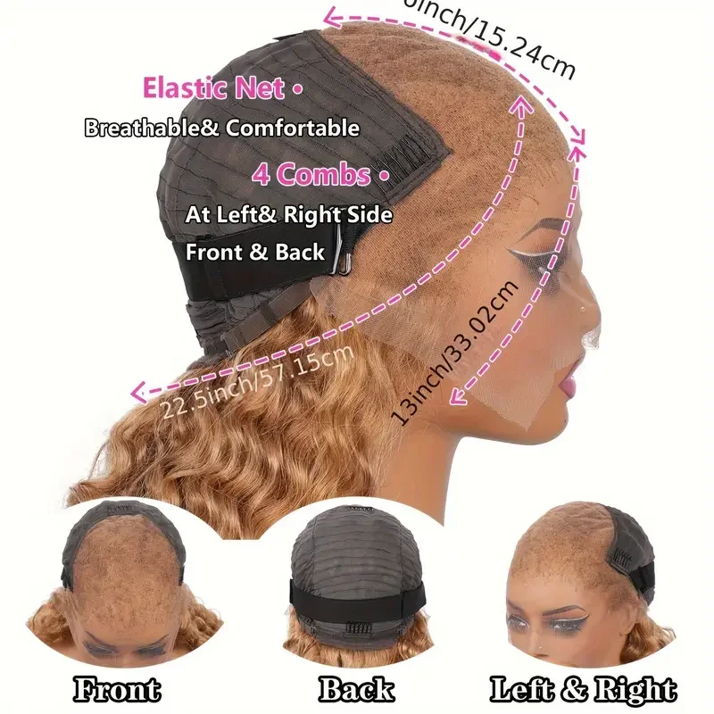 rubio miel # 27 pelucas de cabello humano de onda profunda 13x6, pelucas rizadas de cabello virgen indio, pelucas frontales de encaje HD transparentes 180% prearrancadas
