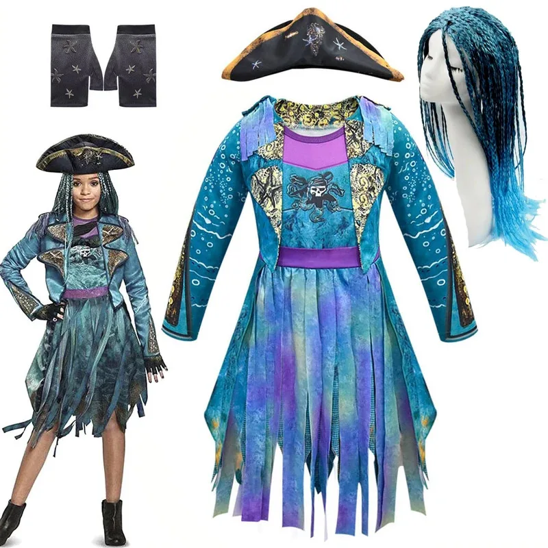L2025l nuevos descendientes Cosplay Mal Uma Bertha maléfica rizos guantes peluca gorra traje niñas vestido de fiesta de cumpleaños disfraz de Halloween