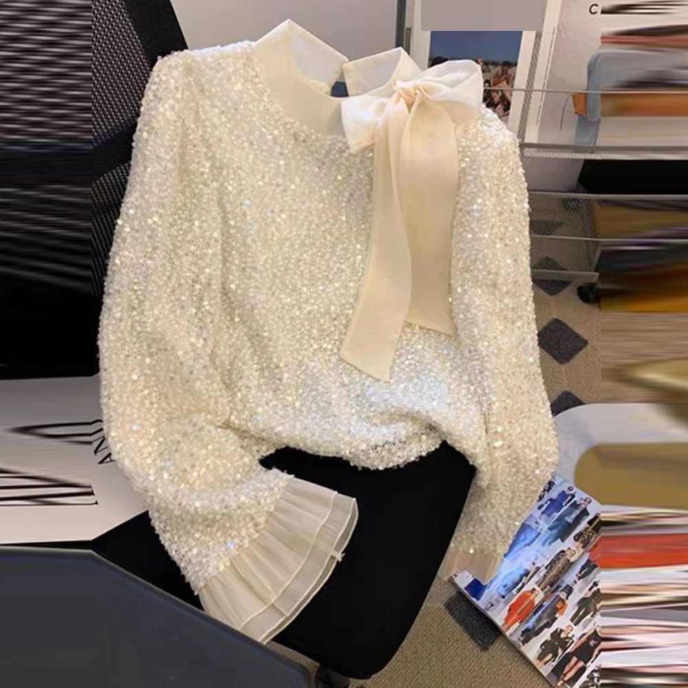 Celebrity sequined bow shirt women's 2025 autumn new Korean chic horn long-sleeved bottoming top