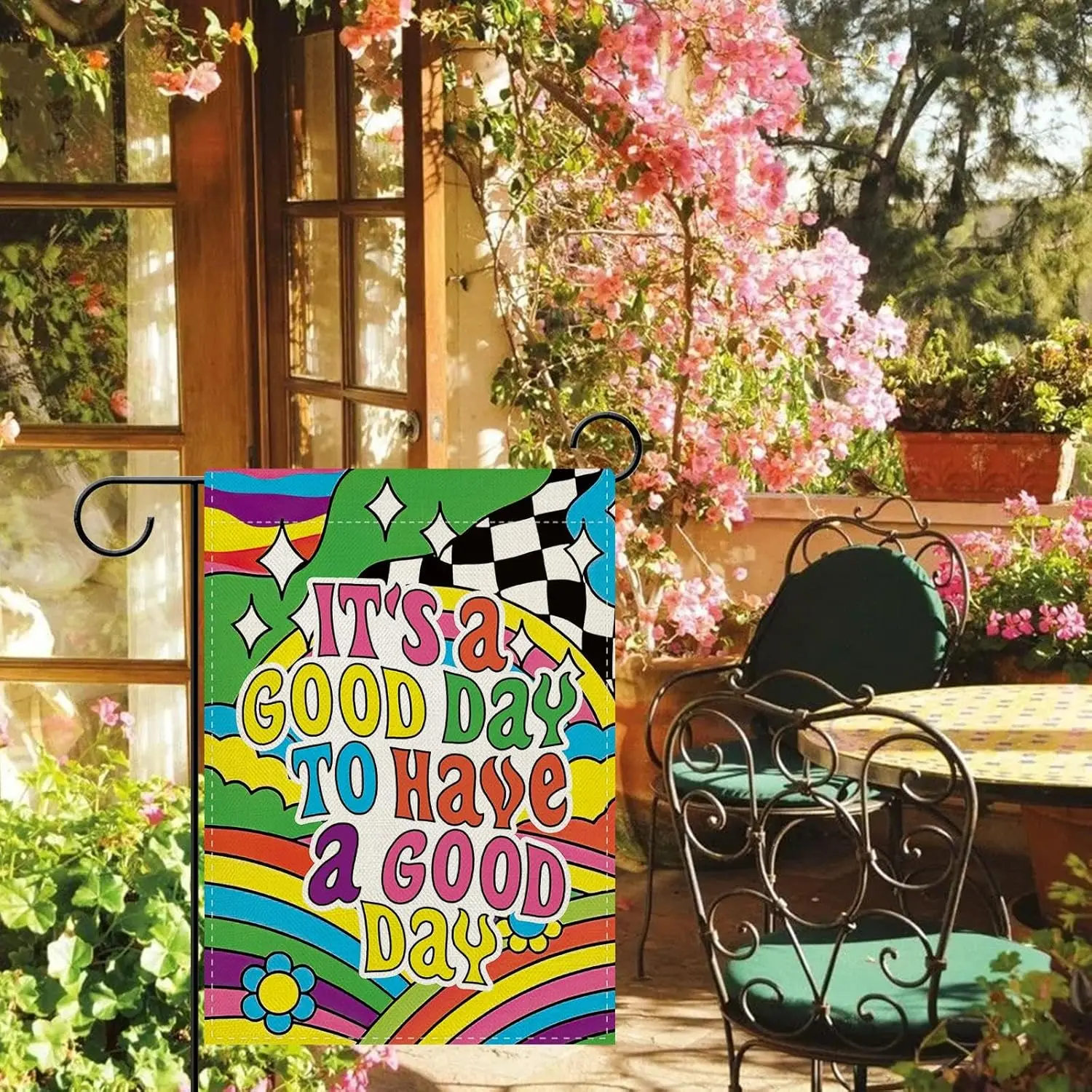 Dyrenson It's a Good Day To Have a Good Day Garden Flag, Inspirational Retro Hippie Groovy Rainbow Floral Yard Outside H AAS