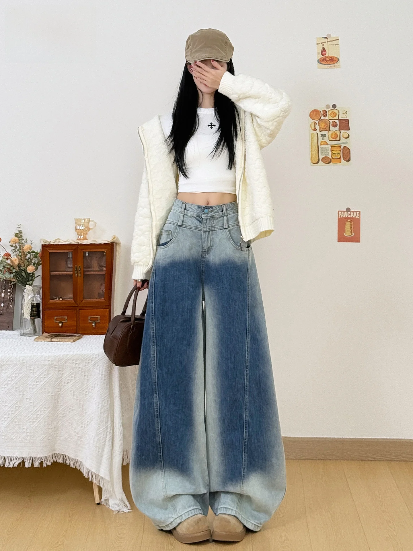 

Джинсы с высокой талией в американском стиле, широкие, свободного кроя, с эффектом похудения, летние, повседневные, из смесового хлопка и полиэстера, для женщин