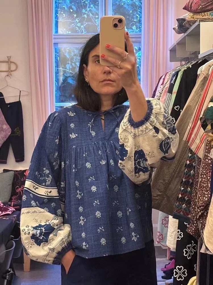 

Susan Organic Cotton Loose Bubble Sve Женский Sle Irt с принтом в стиле ретро, этнический синий хлопок, круглый Sle Ne