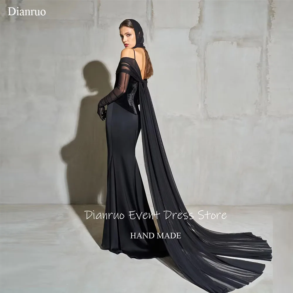 Dianruo Gaun Malam Potongan Renda Bahu Terbuka Jubah Putri Duyung Kereta De Soirée Femme Tali Spaghetti Formal Arab Saudi Disesuaikan