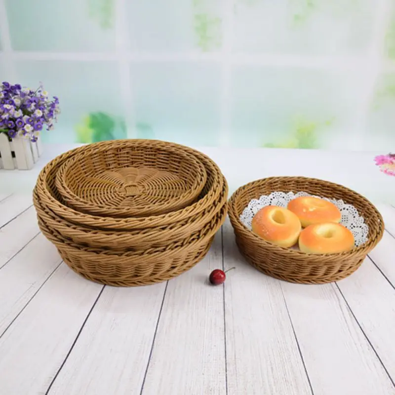 Round Imitation Rattan Wicker Serving Basket for Bread Fruit Storage Basket Hand-Woven Storage Box Home Kitchen Storage Supplies