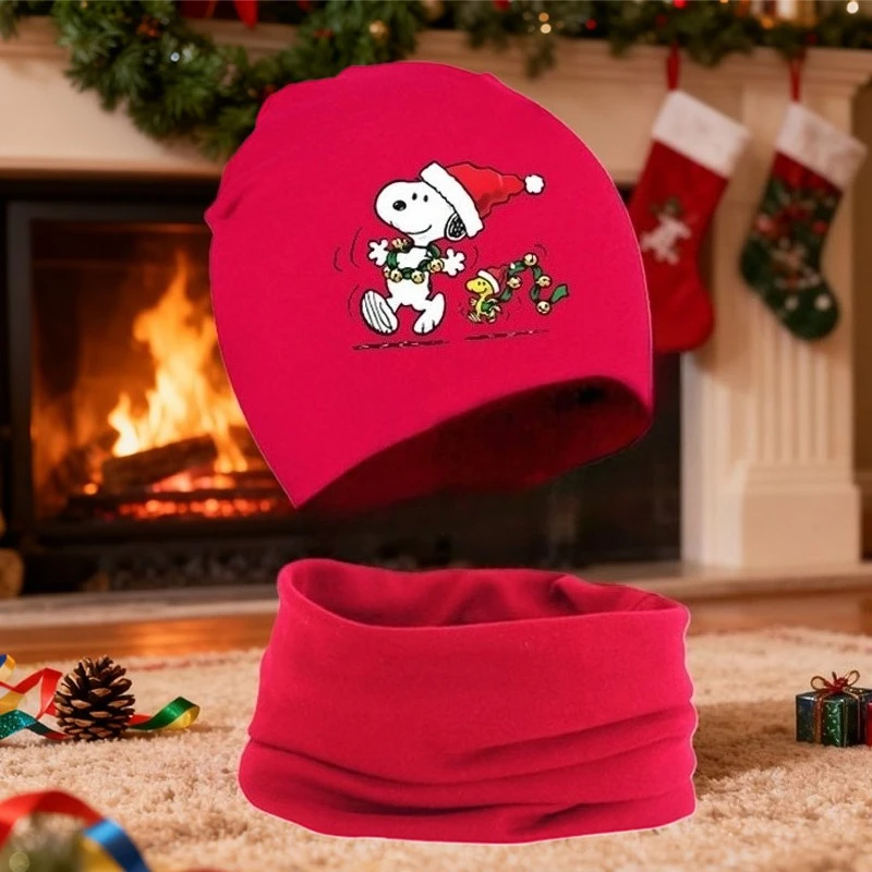Snoopys cachecol de natal conjunto chapéu crianças 2 pçs anime vermelho malha boné cachecol dos desenhos animados inverno quente confortável algodão gorro chapéu presente