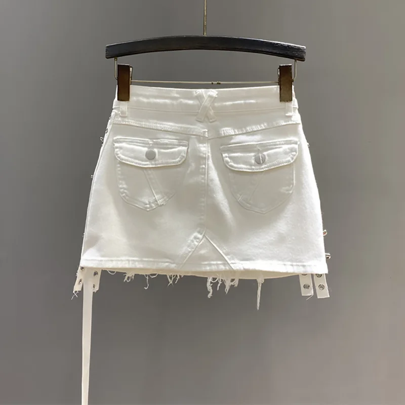 Personalized Fashion Design Pin Streamer Solid High Elastic Y2k Denim Skirt Women 2025 Summer Fringed Edge Lined Mini Skirt