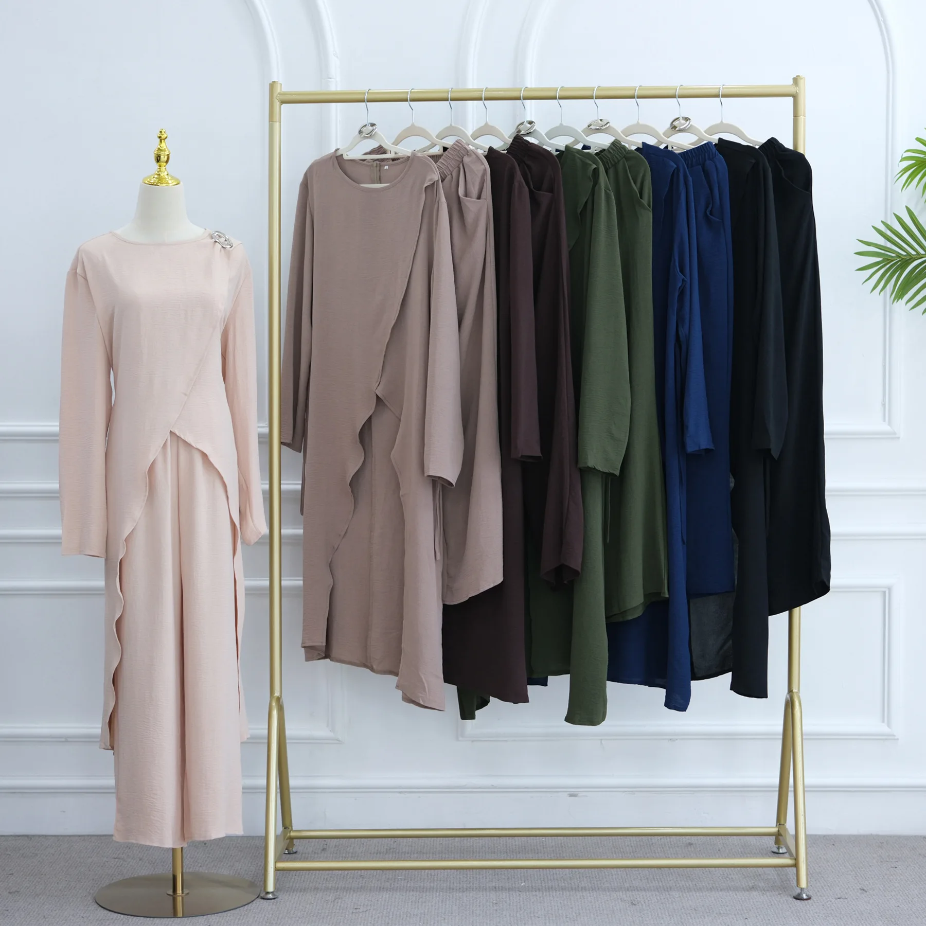 

Ид женские мятые мусульманские комплекты Макси-топы Брюки 2-х предметное платье Дубай Абая Исламская одежда Арабский халат Костюм Femme Musulmane Ensembles