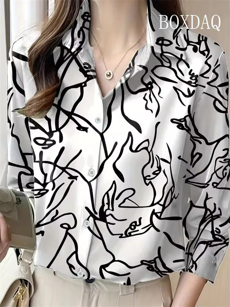 Frühling Herbst Damen Bluse Mode Damen bemalt abstrakte Gesichter Druck Knopf Shirts Spaß lässig Langarm lose Frauen Shirt