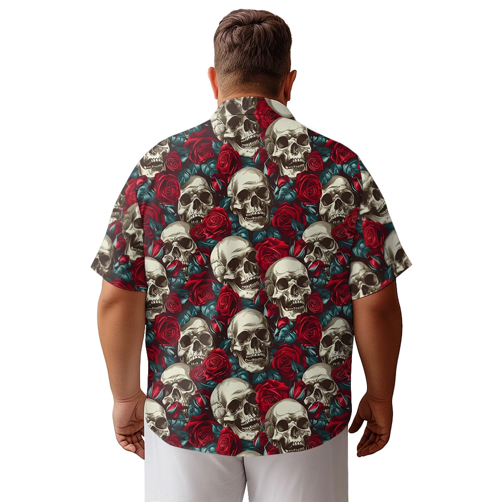 2024 new Hawaii Men's shirts plus size Halloween rose field skull printed clothing casual short-sleeved