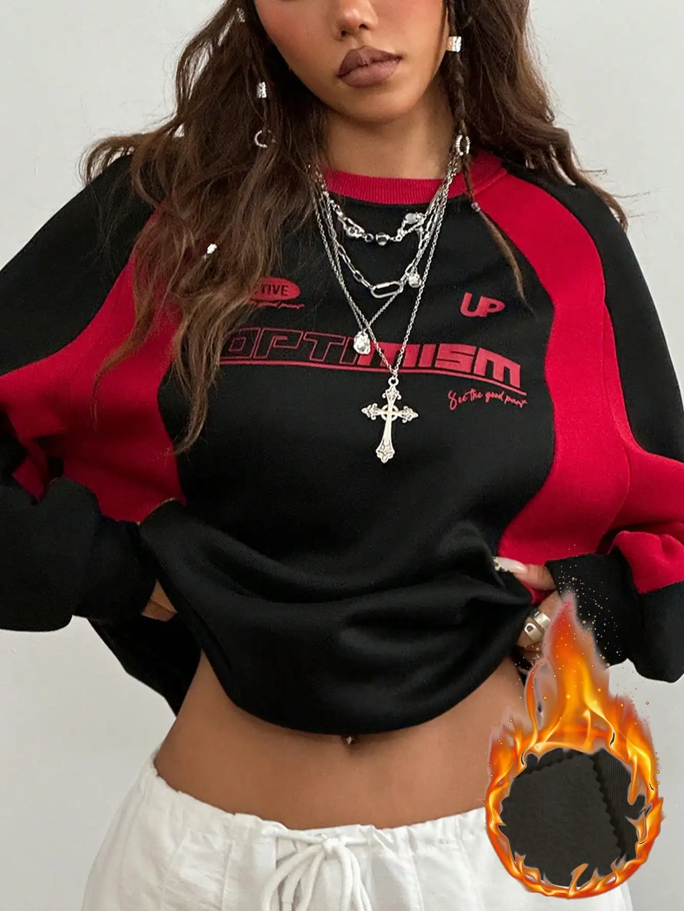 

Women's Fleece Lined Color Block Baggy Sweatshirt, Long Sleeve Streetwear Top with Graphic Print