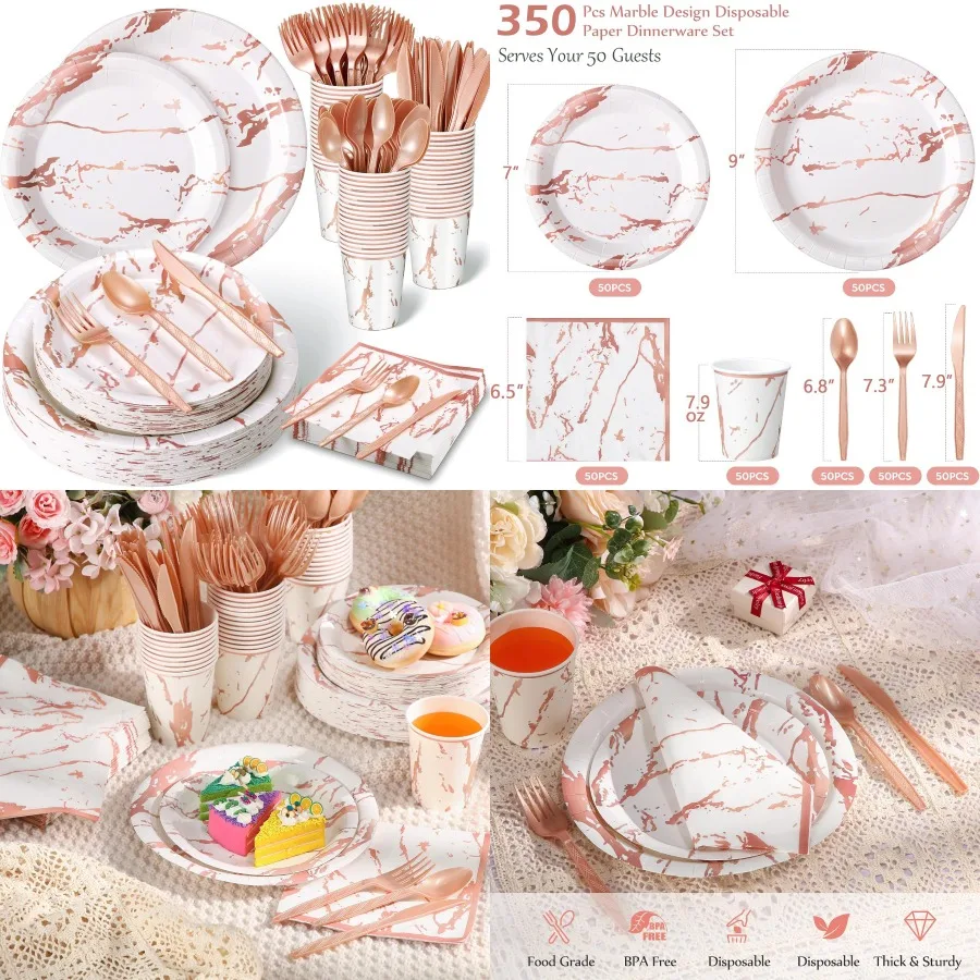 

350 шт., набор одноразовой посуды для вечеринок из розового золота для 50 гостей, включая 100 тарелок, 50 комплектов из 9 унций бумажных стаканчиков, 50 комплектов