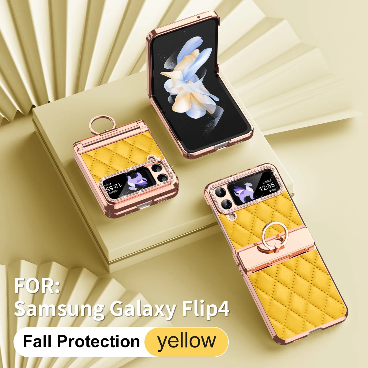 Etui Samsung Galaxy Z Flip 4 3, luksusowe etui ze skóry PU, twarde PC, galwanizowana ramka, zawias, odporna na wstrząsy, uchwyt pierścieniowy — zdjęcie 3