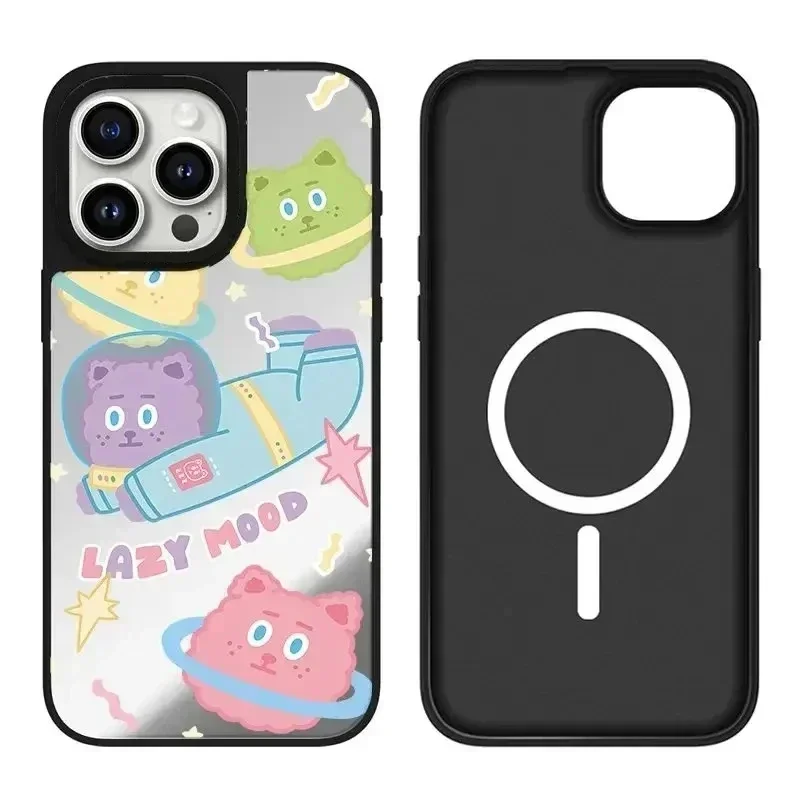 Cute Spaceship iPhone 11 12 13 14 15 Pro Max Mirror Surface MagSafe Case Cover Shell