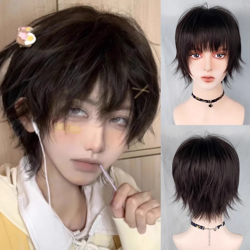 

Short Black Synthetic Straight Men Wig with Bangs Heat Resistant Fluffy Cosplay Wig for Daily Party