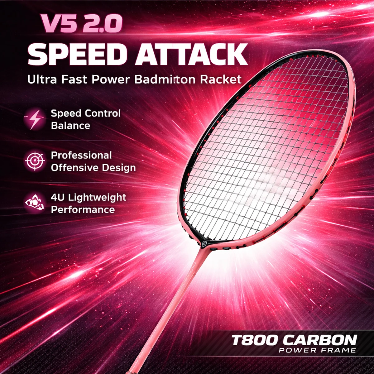 ALP V5 2.0 Ultralight 4U Offensive Rakieta do badmintona Oryginalne włókno węglowe ALPSPORT Rekets