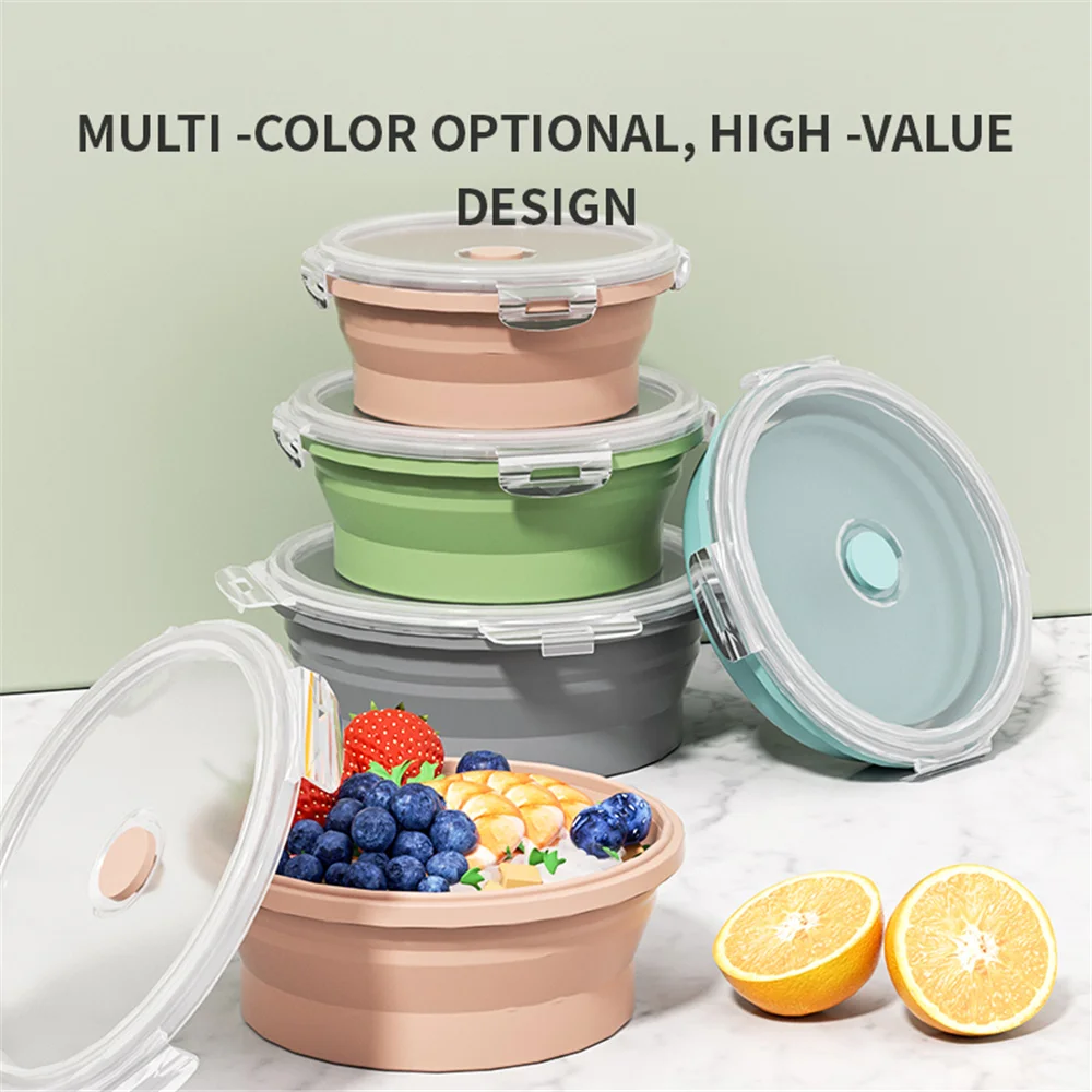 Round Silicone Folding Lunch Box Microwave Folding Bowl Portable Folding Food Container Box Salad Bowl With Lid