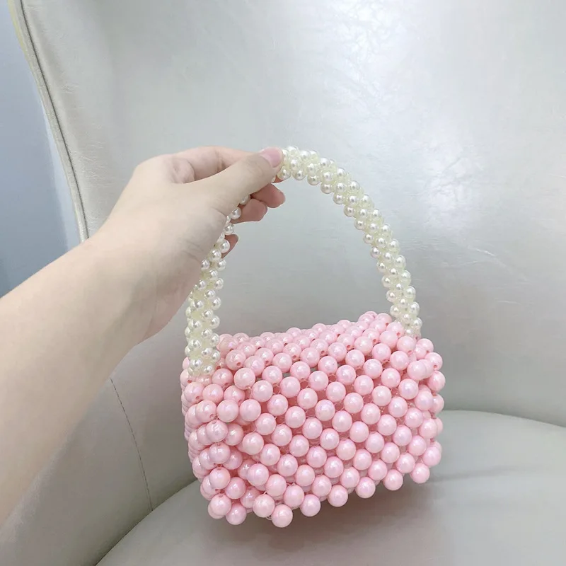 

Woven Women's Bag Pink Bead Handbag Summer Cute Sweet Mini Bag Pearl Beading Woven Handmade Square Bag