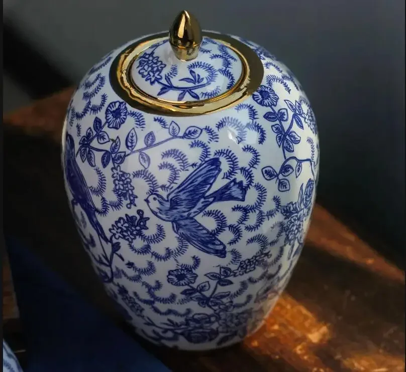 Chinese Style Blue and White Porcelain Storage General Handicraft Decoration Kitchen Grain Dispenser Home