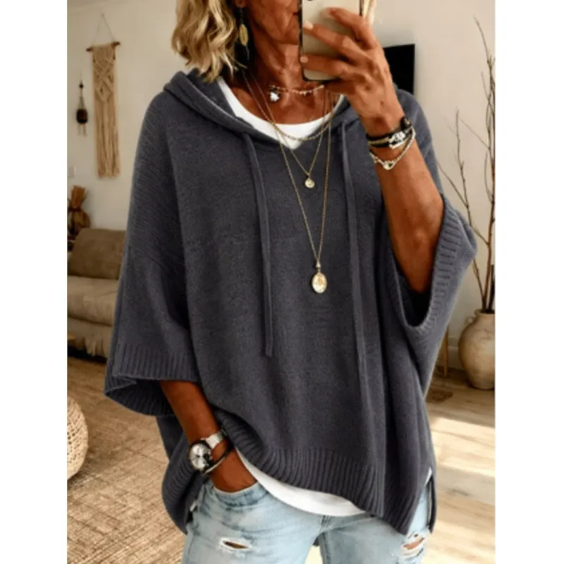 Women's Autumn Winter Knitted Sweater Hoodie Drawstring Long Sleeve Sweatshirt Loose Pullover Tops Elegant Casual Daily Blouse