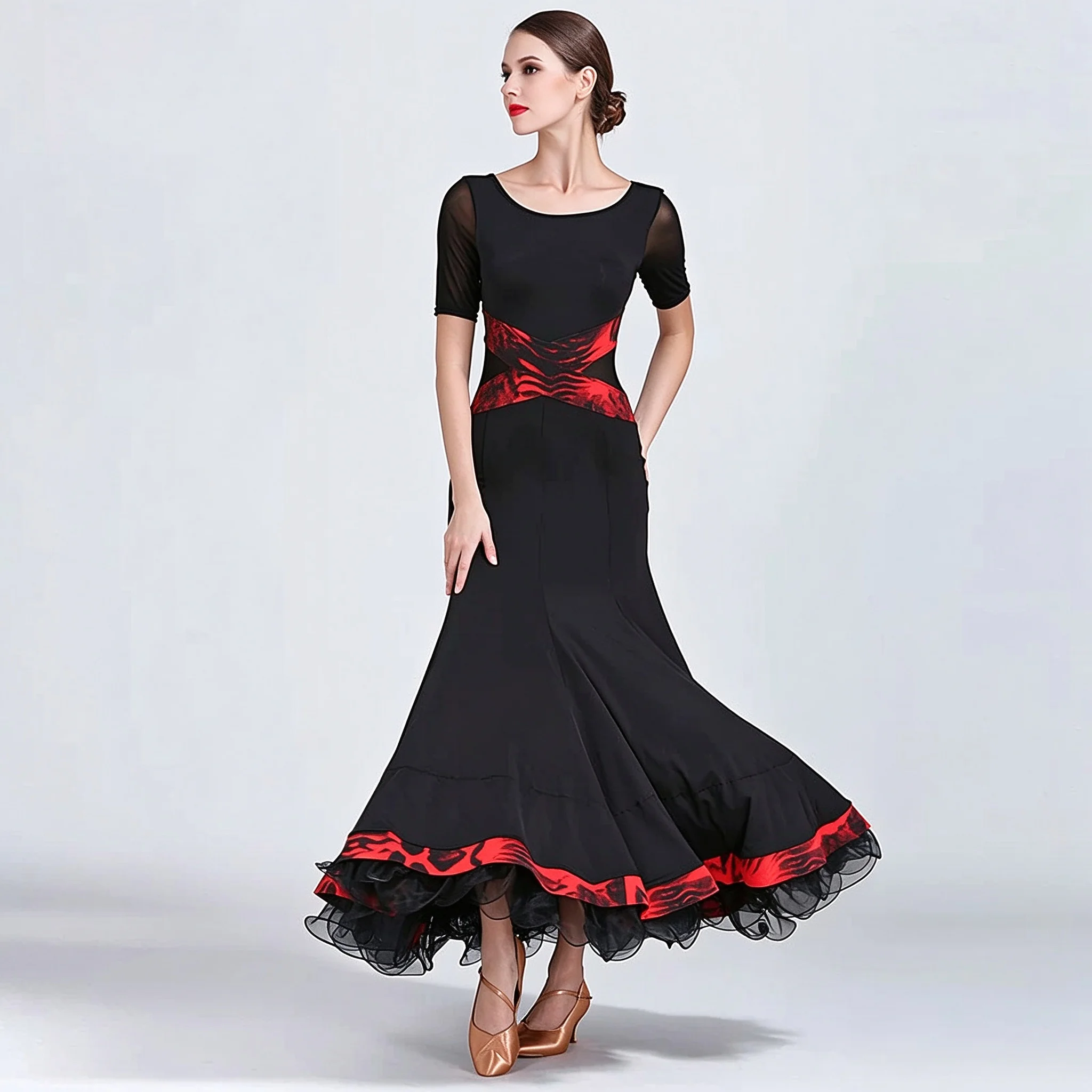 Women Ballroom Dance Dress Contrast Color Mesh Mid Sleeve Cross Waist Modern Waltz Standard Competition Performance Long Gown