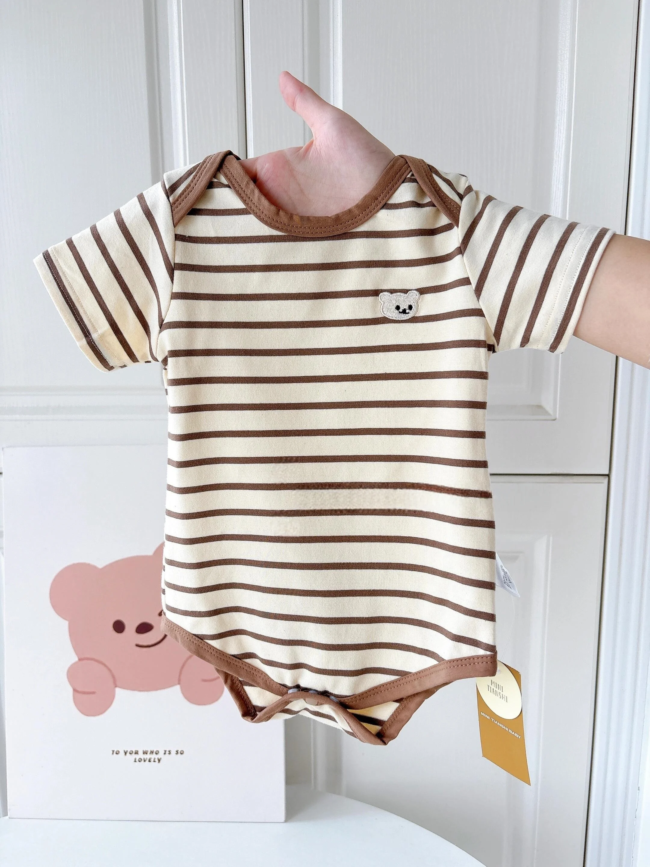 Macacão de Bebê Fino de Verão com Manga Curta e Estampa de Urso em Desenho Animado, Estilo Coreano, Roupa Infantil Classe A, ...