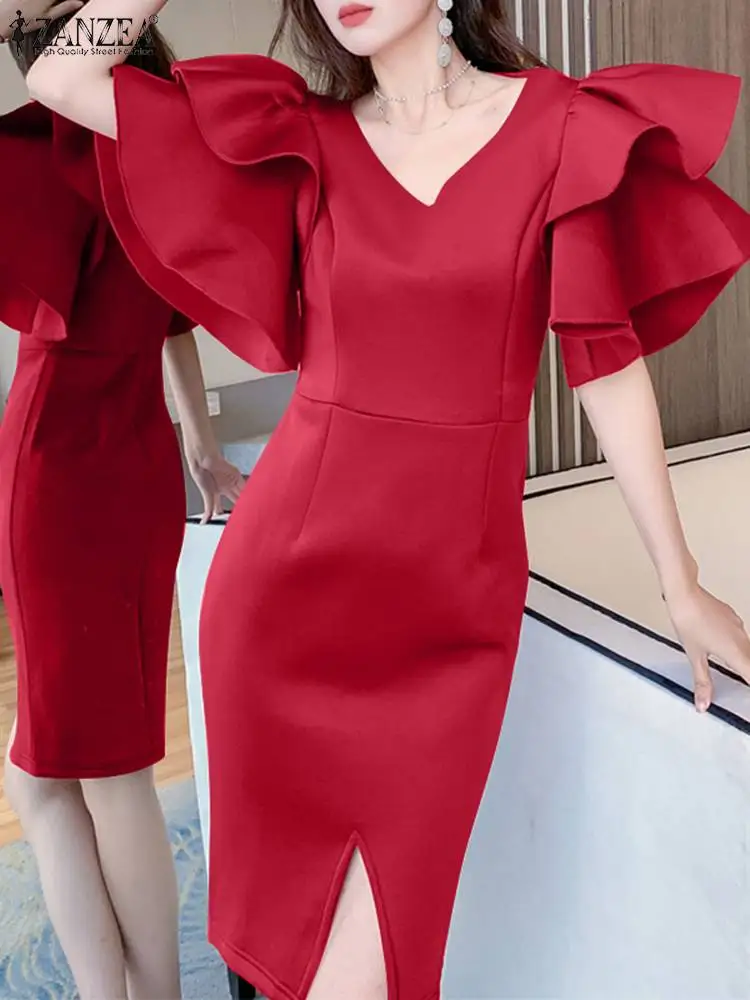 ZANZEA Fashion Side Split Sexy Wrap Dresses Elegant Solid Slim Dress Women V-neck Mini Vestidos 2024 Summer Ruffled Sleeve Robe