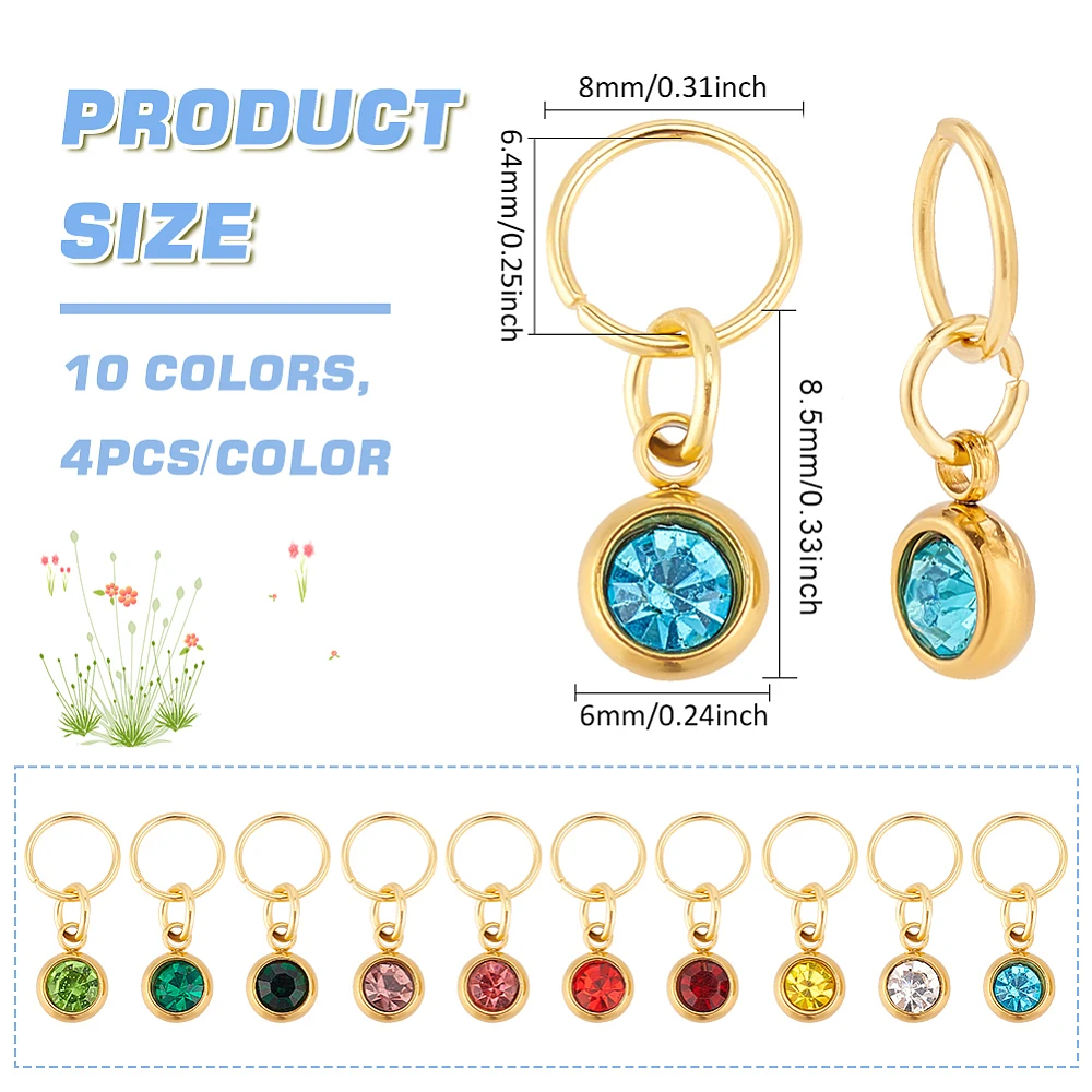 40 Pcs 10 Colors 18K Gold Plated Flat Round Rhinestone Charms 201 Stainless Steel Colorful Birthstone Pendants DIY Beads Pendant