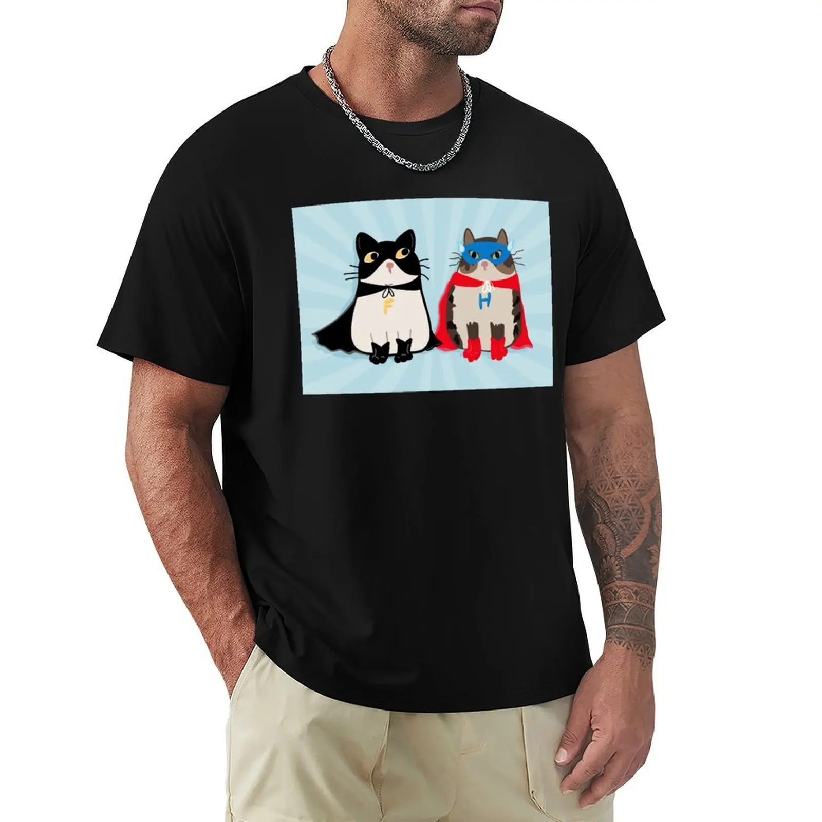 Fred and Henry, Superhero Cats in Masks and Capes T-Shirt Comfortable Basic Crew Neck Tee