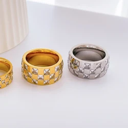 CZ stone pave checkboard band rings for women stainless steel wide thick rings waterproof ewelry dainty