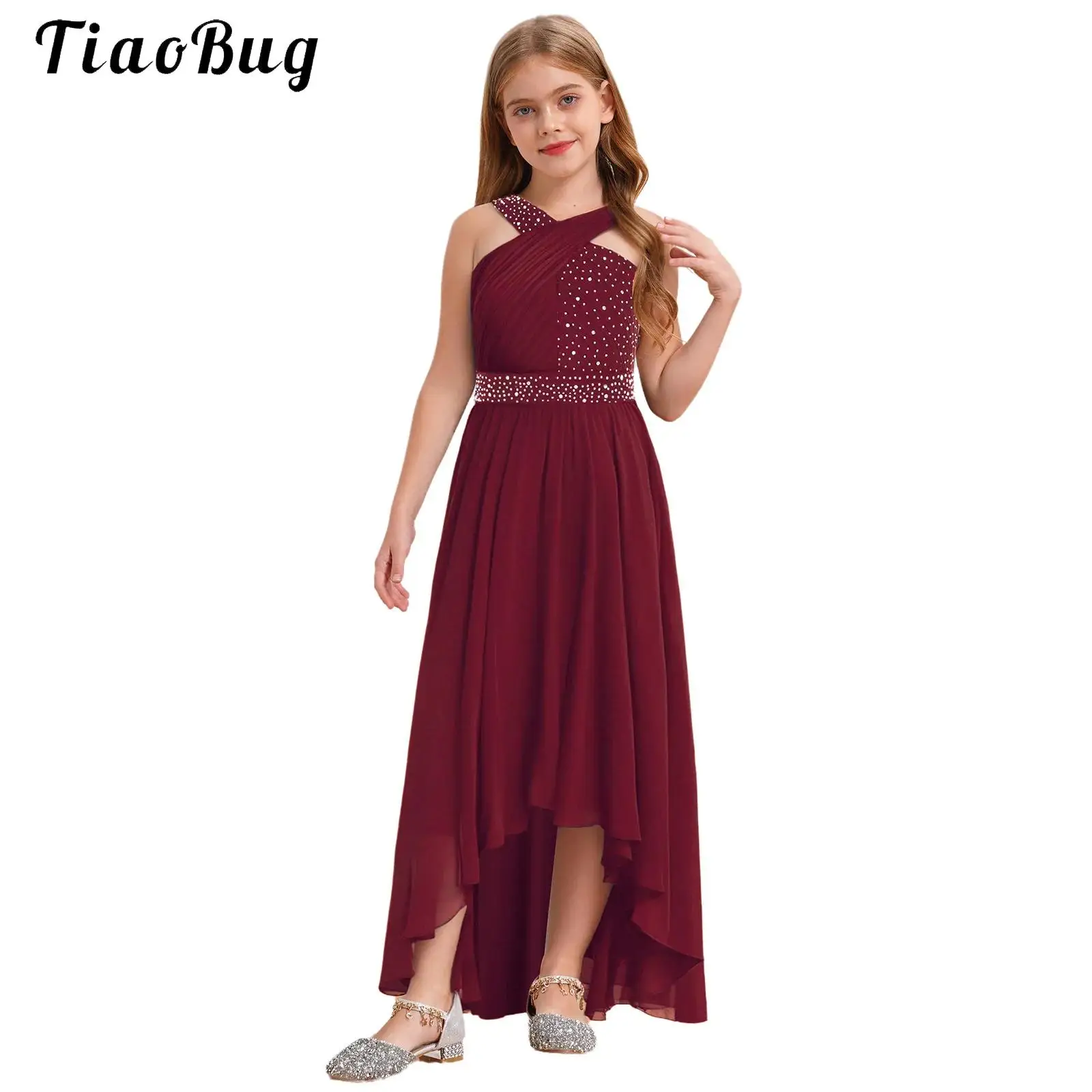 

Kids Princess Dress Rhinestone High-Low Chiffon Flower Girls Dress Wedding Birthday Party Prom Dresses Halter Summer Costume