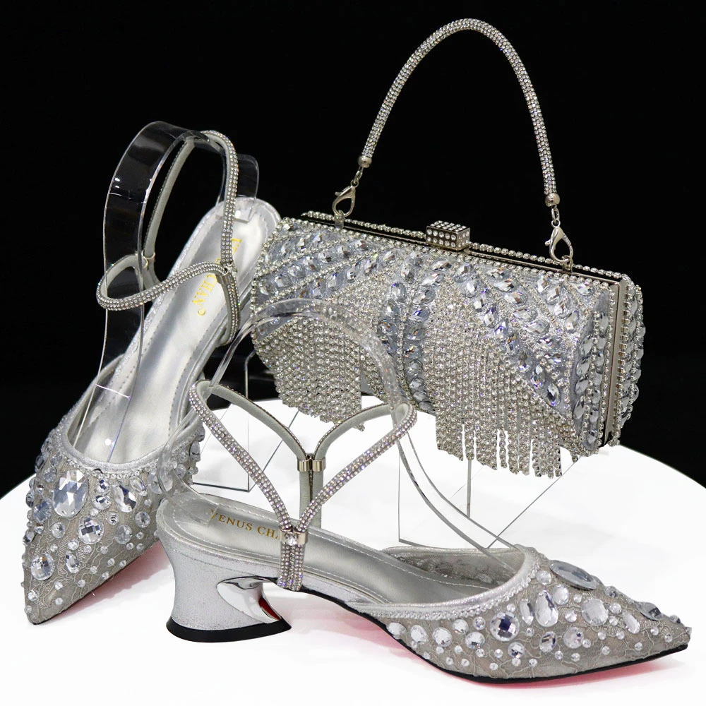 doershow, conjunto de zapatos y bolsos de moda para mujer, hermosos zapatos italianos de Italia con conjunto de bolsos a juego decorados con diamantes de imitación. SAQ1-4