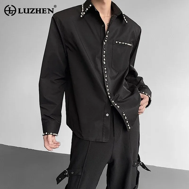 

LUZHEN элегантные темпераментные оригинальные рубашки с длинными рукавами, мужская мода, осень 2022, высокое качество, повседневные топы с жемчугом, JY4405