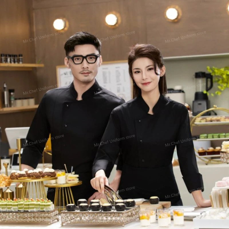 Restaurant blanc à manches longues Chef veste Chef uniforme Chef T-shirt boulanger travail uniforme serveur hôtel cuisinier manteau vêtements femmes Logo