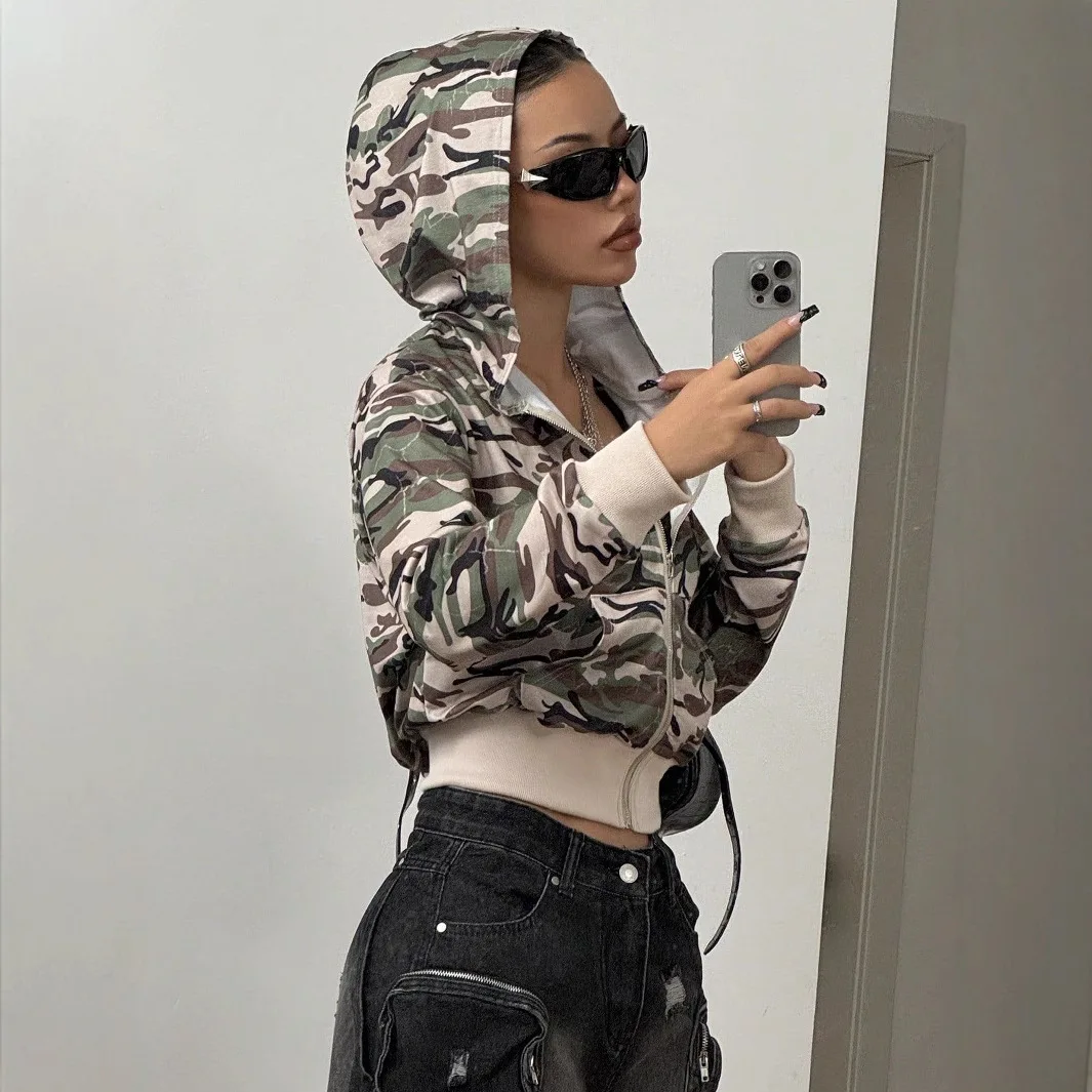 American European New Fashion Women's Slim Casual Trendy Camouflage Long Sleeve Zipper Hooded Cardigans Female Coats Jacket Top